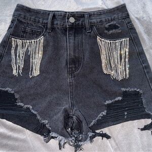 Cider Black Denim Shorts with Rhinestone Tassels